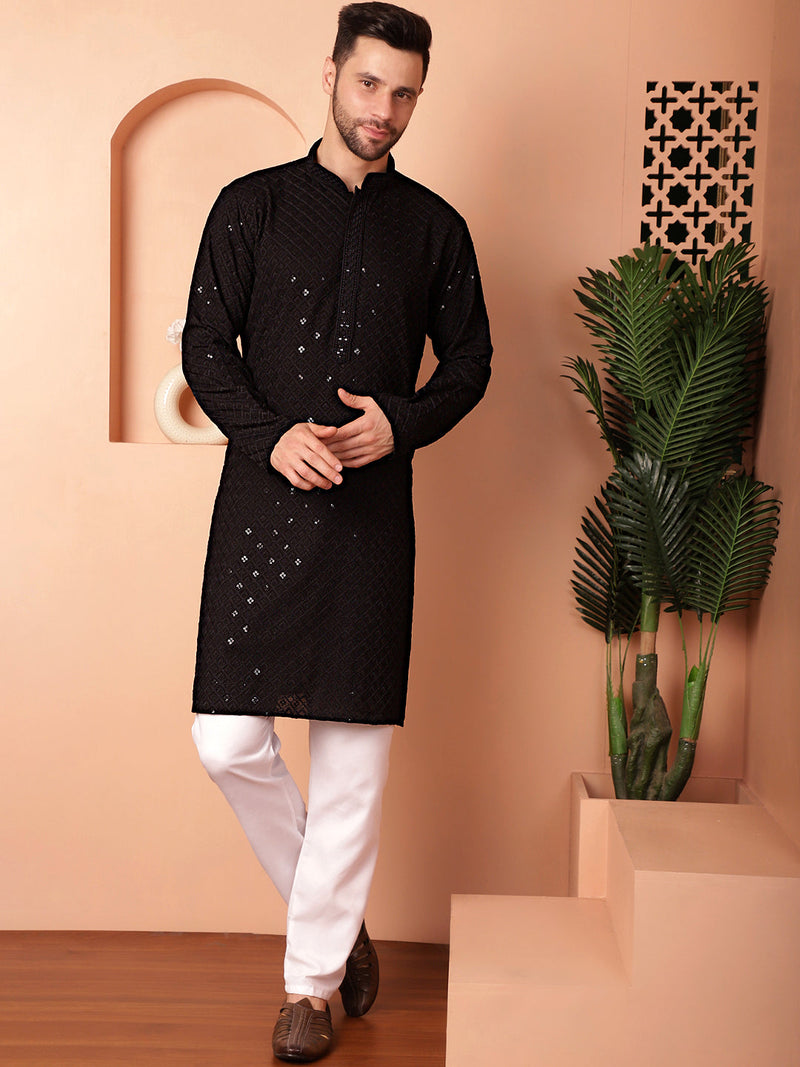 Men's Black Embroidered and Sequence Kurta with Pyjama