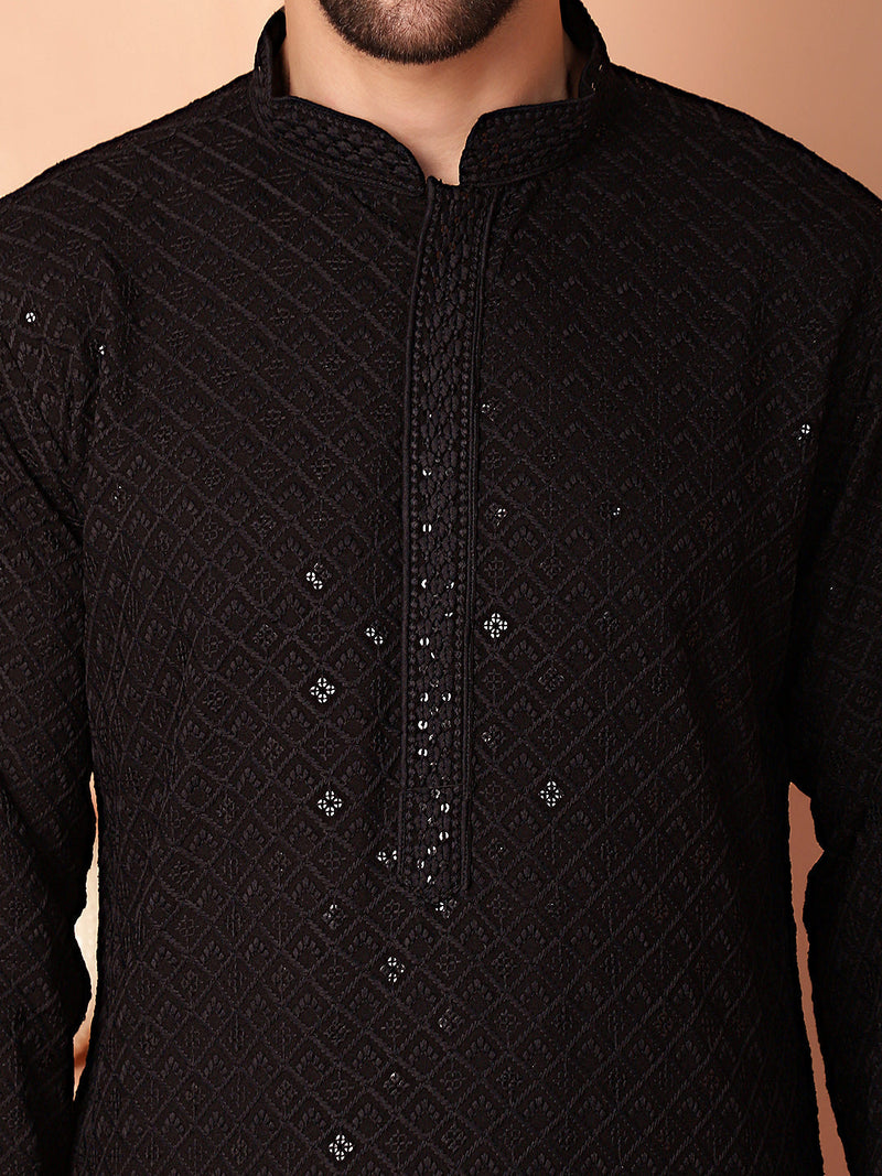 Men's Black Embroidered and Sequence Kurta with Pyjama