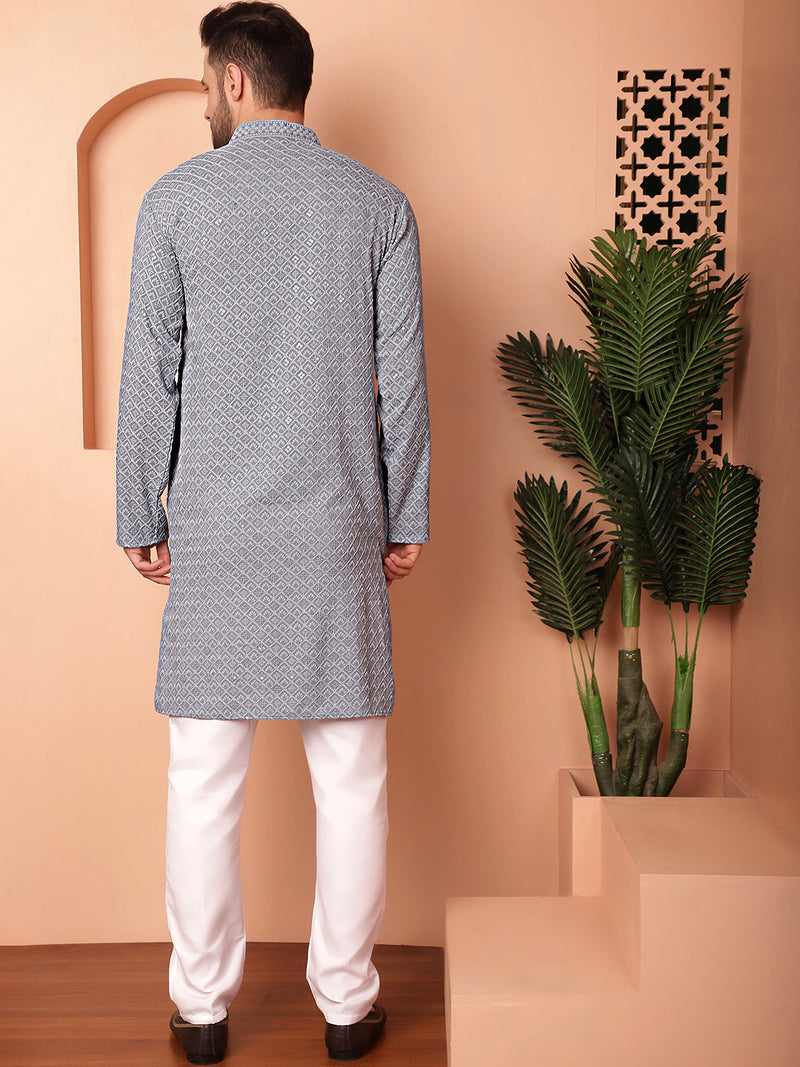 Men's Grey Embroidered and Sequence Kurta with Pyjama