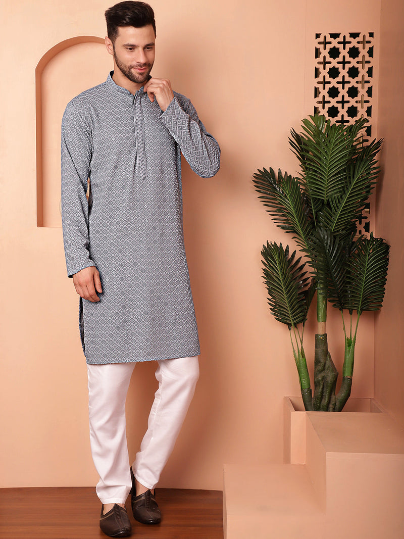 Men's Grey Embroidered and Sequence Kurta with Pyjama