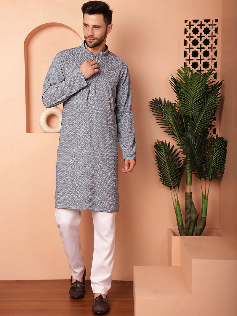 Men's Grey Embroidered and Sequence Kurta with Pyjama