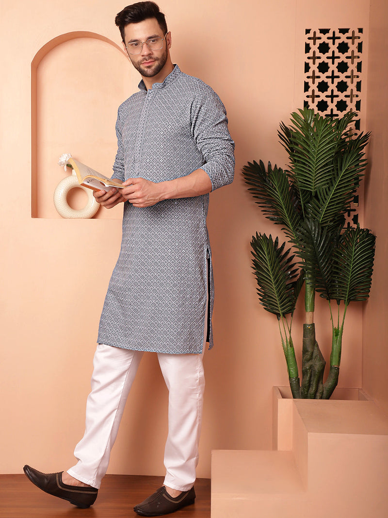 Men's Grey Embroidered and Sequence Kurta with Pyjama