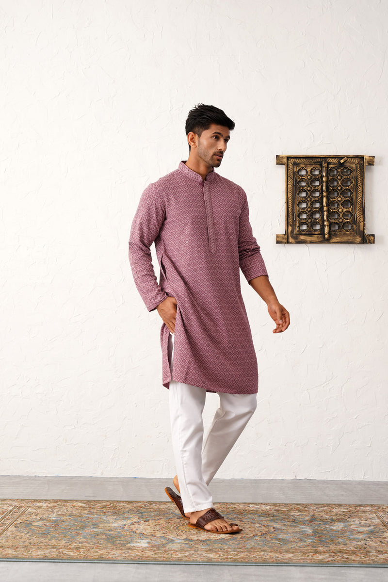 Men's Magenta Embroidered and Sequence Kurta with Pyjama