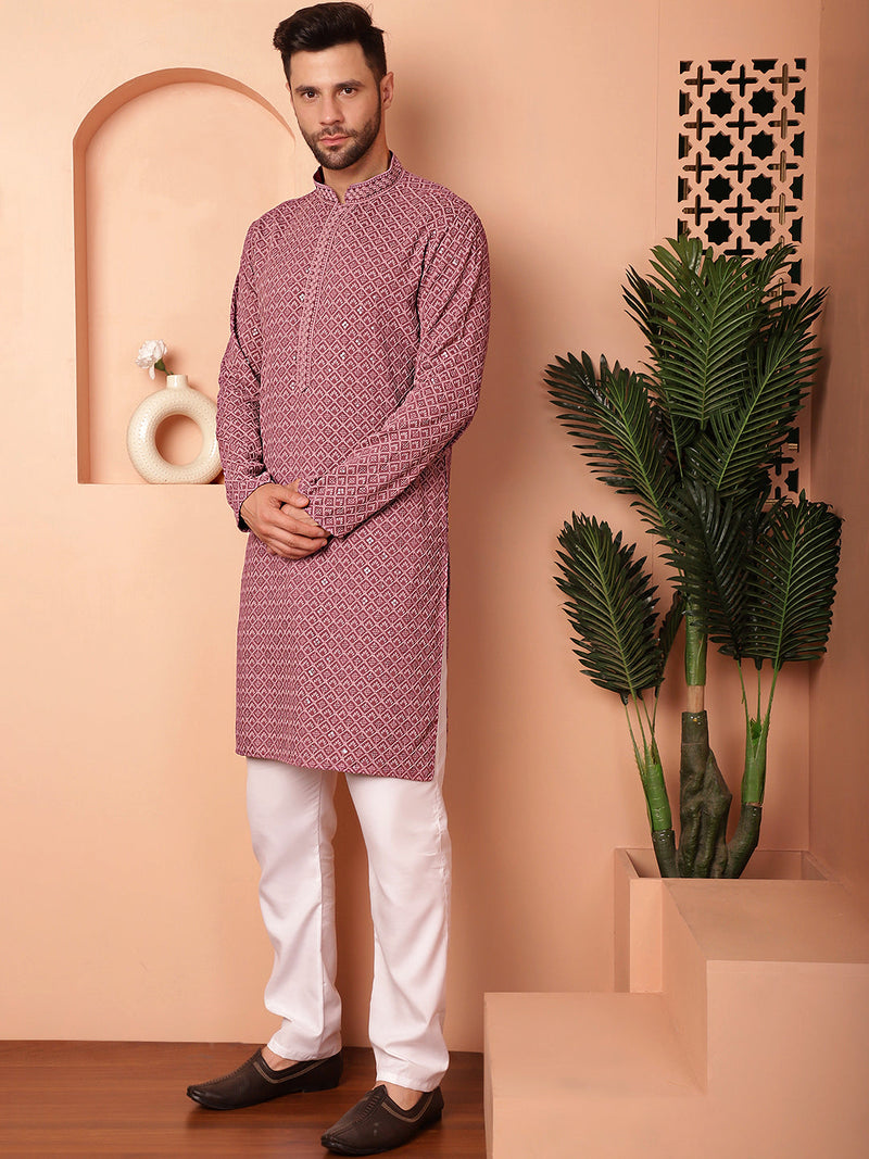 Men's Magenta Embroidered and Sequence Kurta with Pyjama