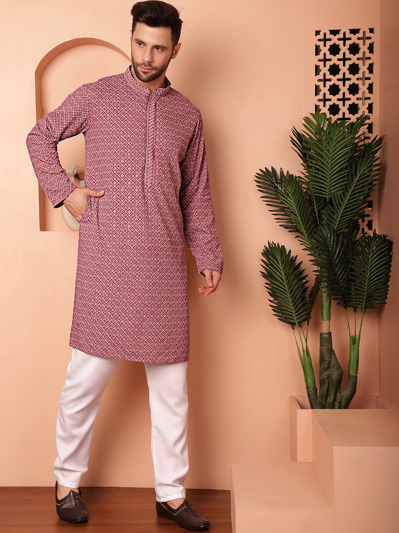 Men's Magenta Embroidered and Sequence Kurta with Pyjama