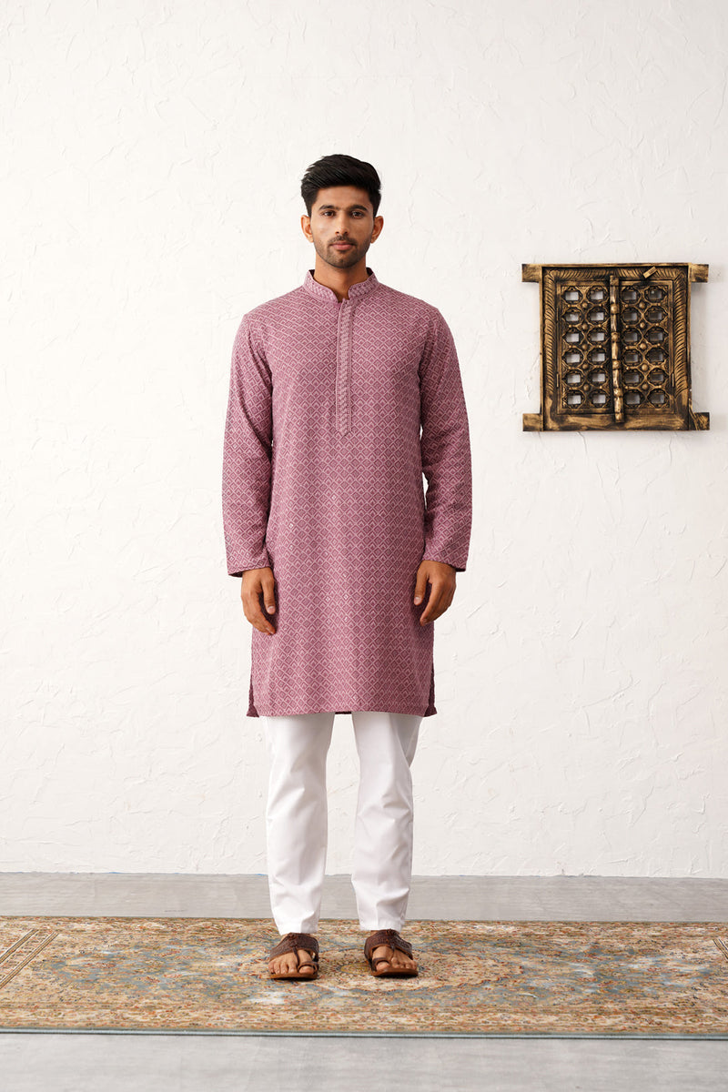 Men's Magenta Embroidered and Sequence Kurta with Pyjama