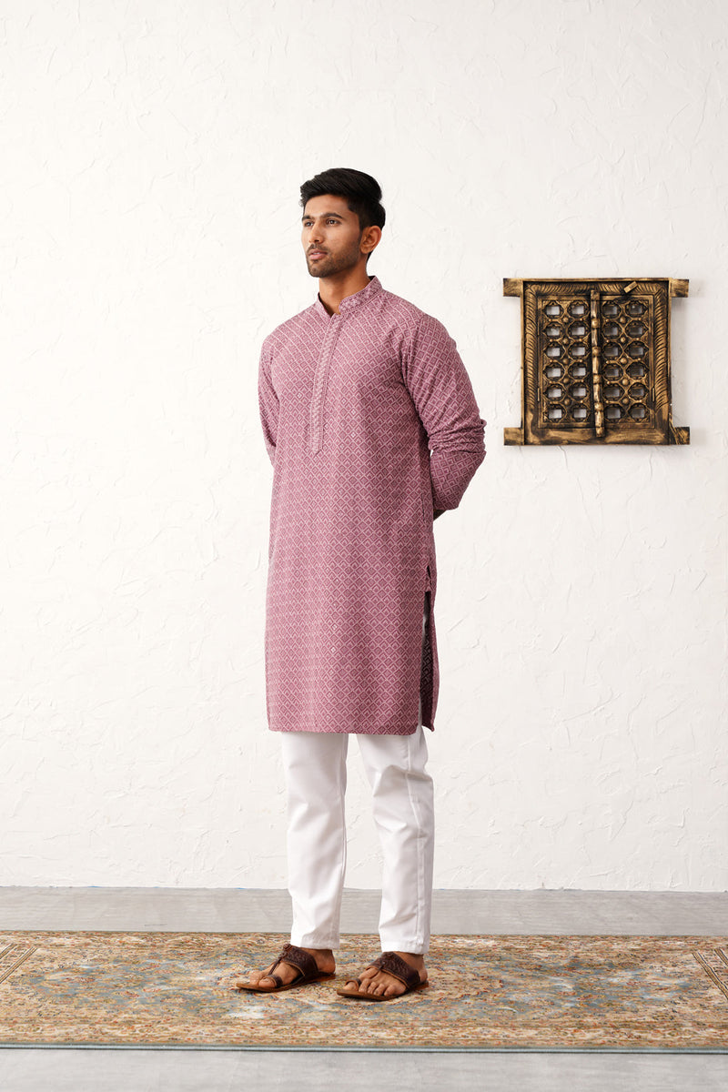 Men's Magenta Embroidered and Sequence Kurta with Pyjama