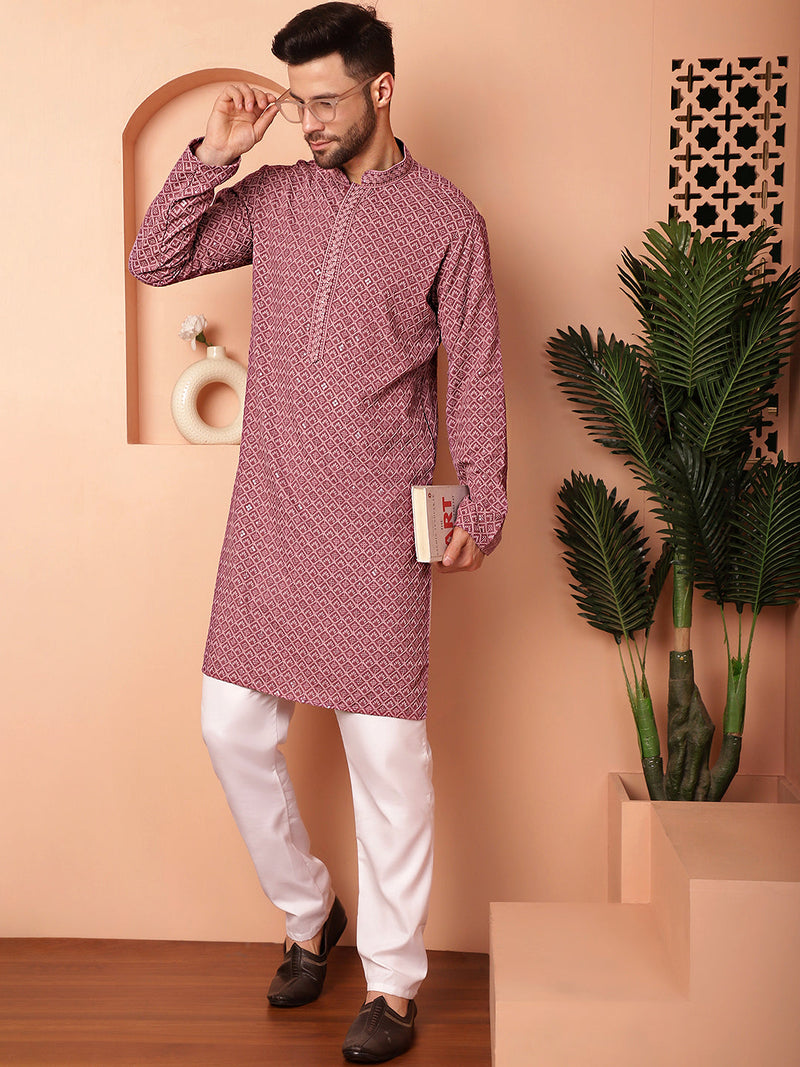 Men's Magenta Embroidered and Sequence Kurta with Pyjama