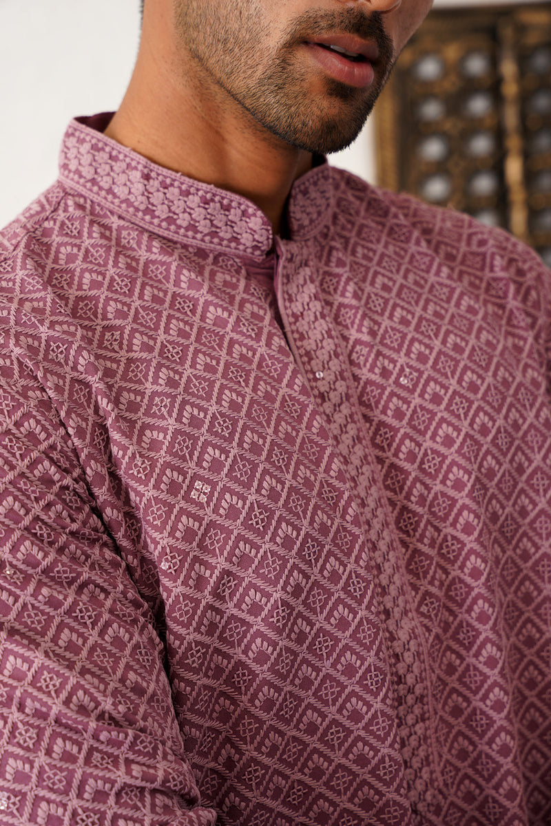 Men's Magenta Embroidered and Sequence Kurta with Pyjama