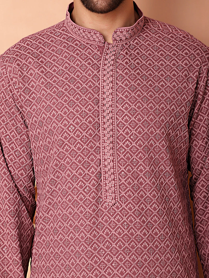 Men's Magenta Embroidered and Sequence Kurta with Pyjama