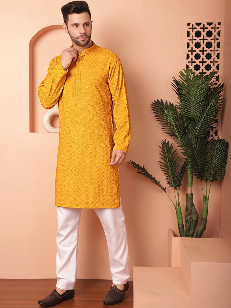 Men's Mustard Embroidered and Sequence Kurta with Pyjama