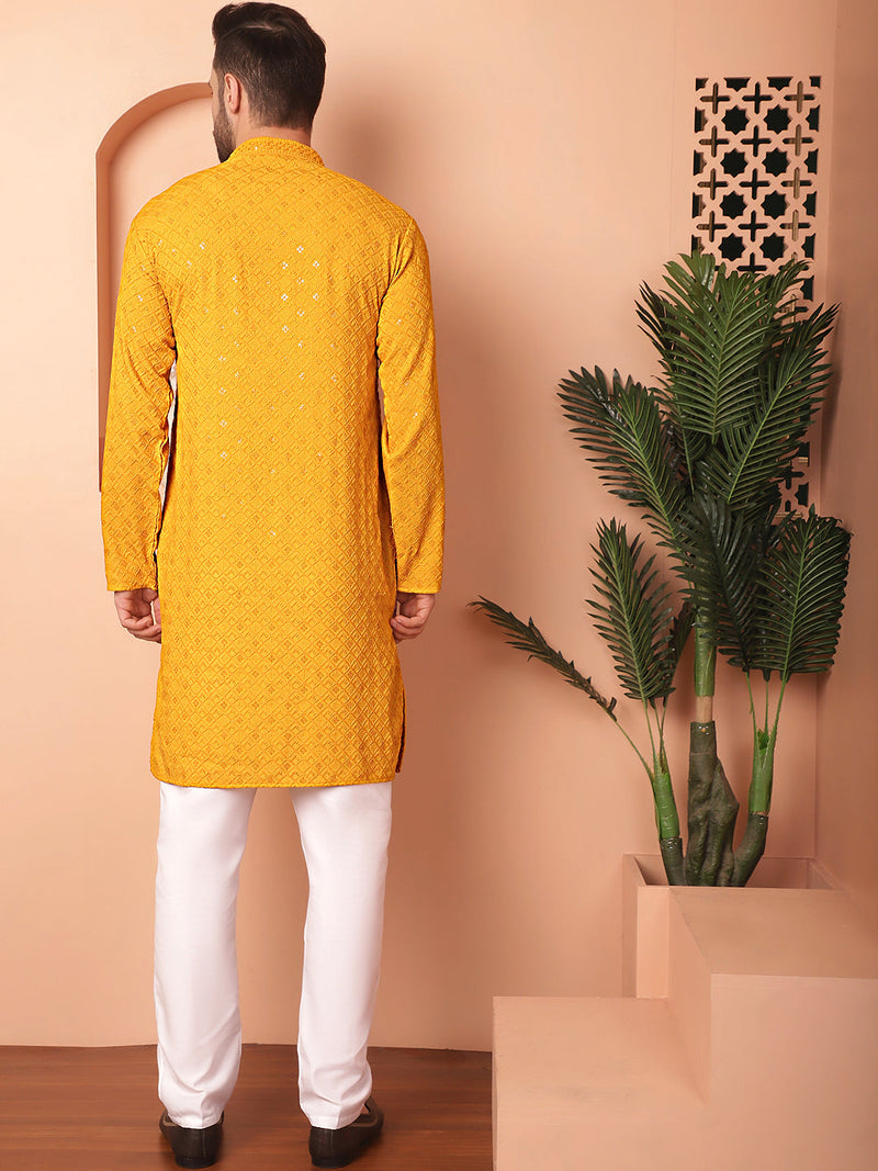 Men's Mustard Embroidered and Sequence Kurta with Pyjama