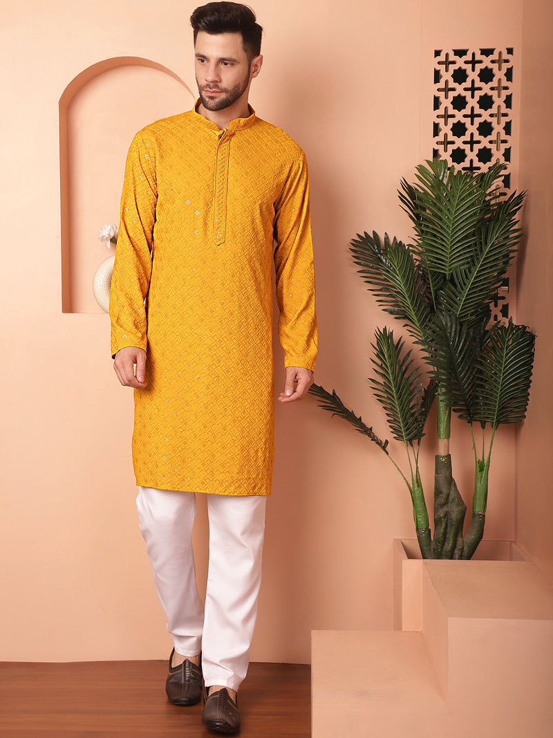 Men's Mustard Embroidered and Sequence Kurta with Pyjama