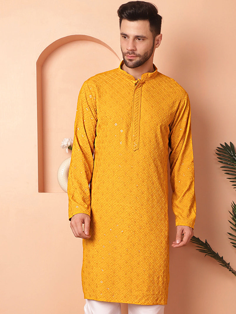 Men's Mustard Embroidered and Sequence Kurta with Pyjama