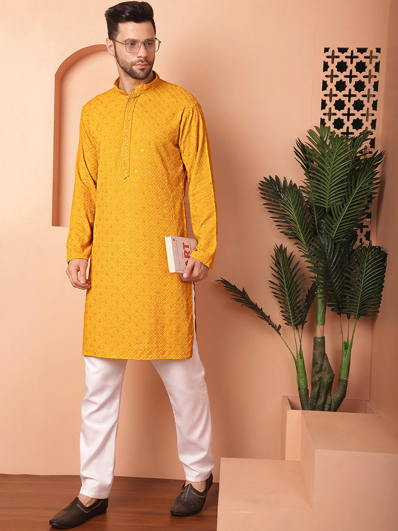 Men's Mustard Embroidered and Sequence Kurta with Pyjama