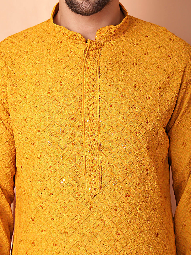 Men's Mustard Embroidered and Sequence Kurta with Pyjama