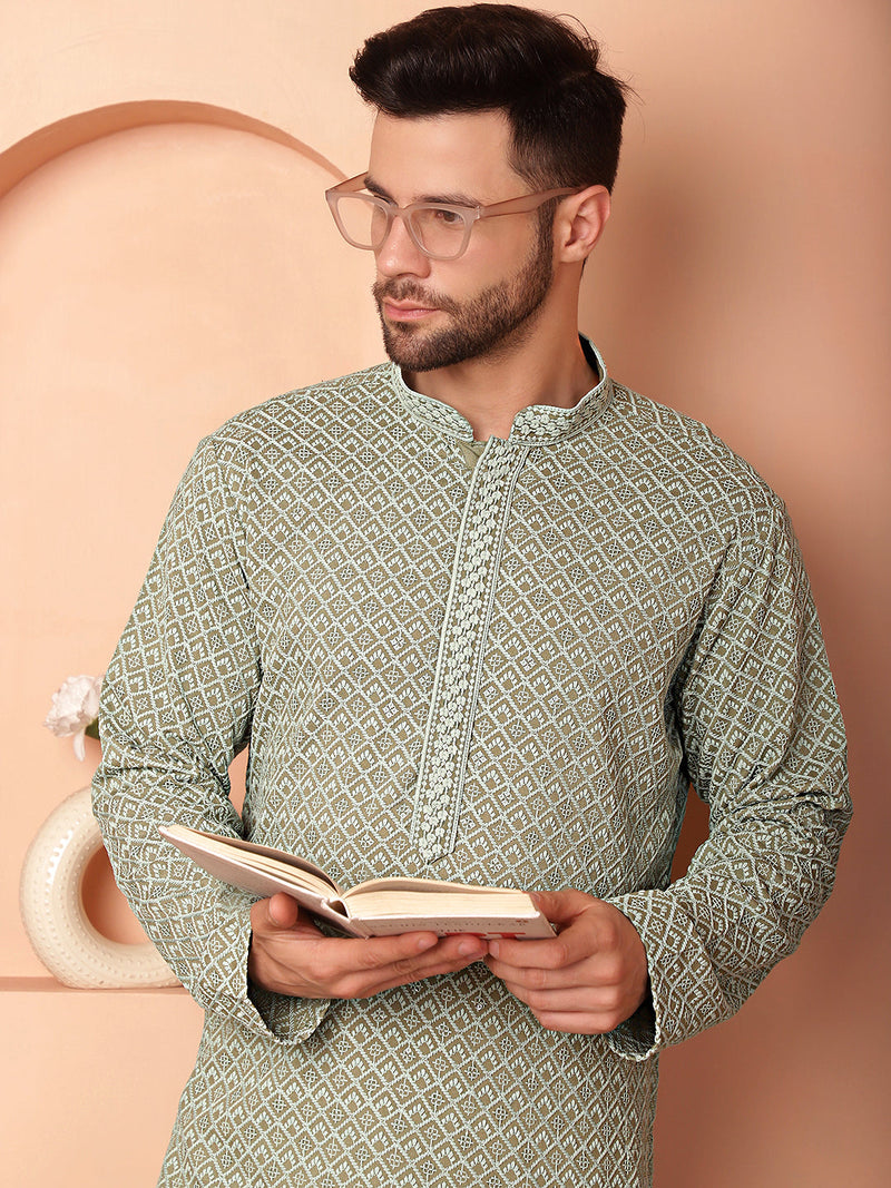 Men's Green Embroidered and Sequence Kurta with Pyjama