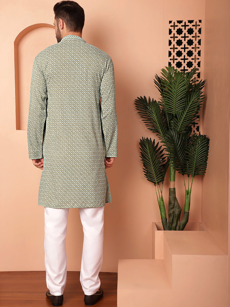 Men's Green Embroidered and Sequence Kurta with Pyjama