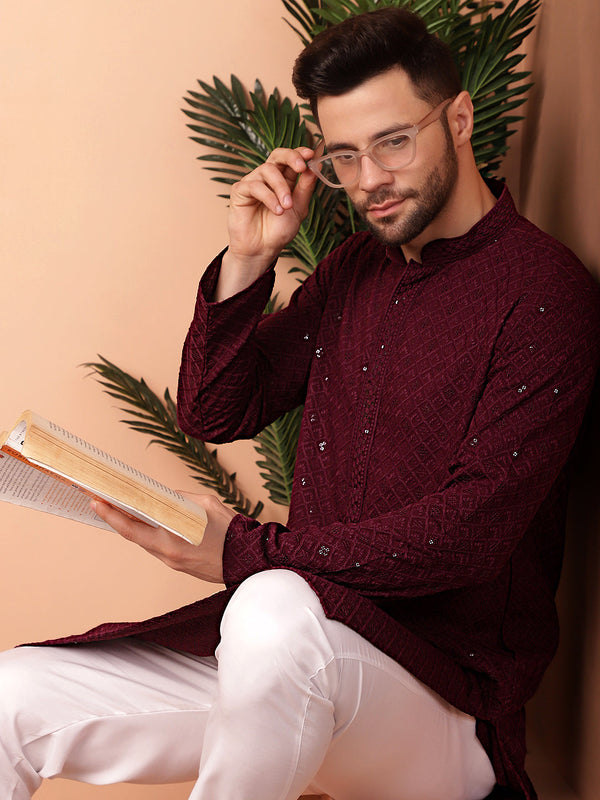 Men's Purple Embroidered and Sequence Kurta with Pyjama