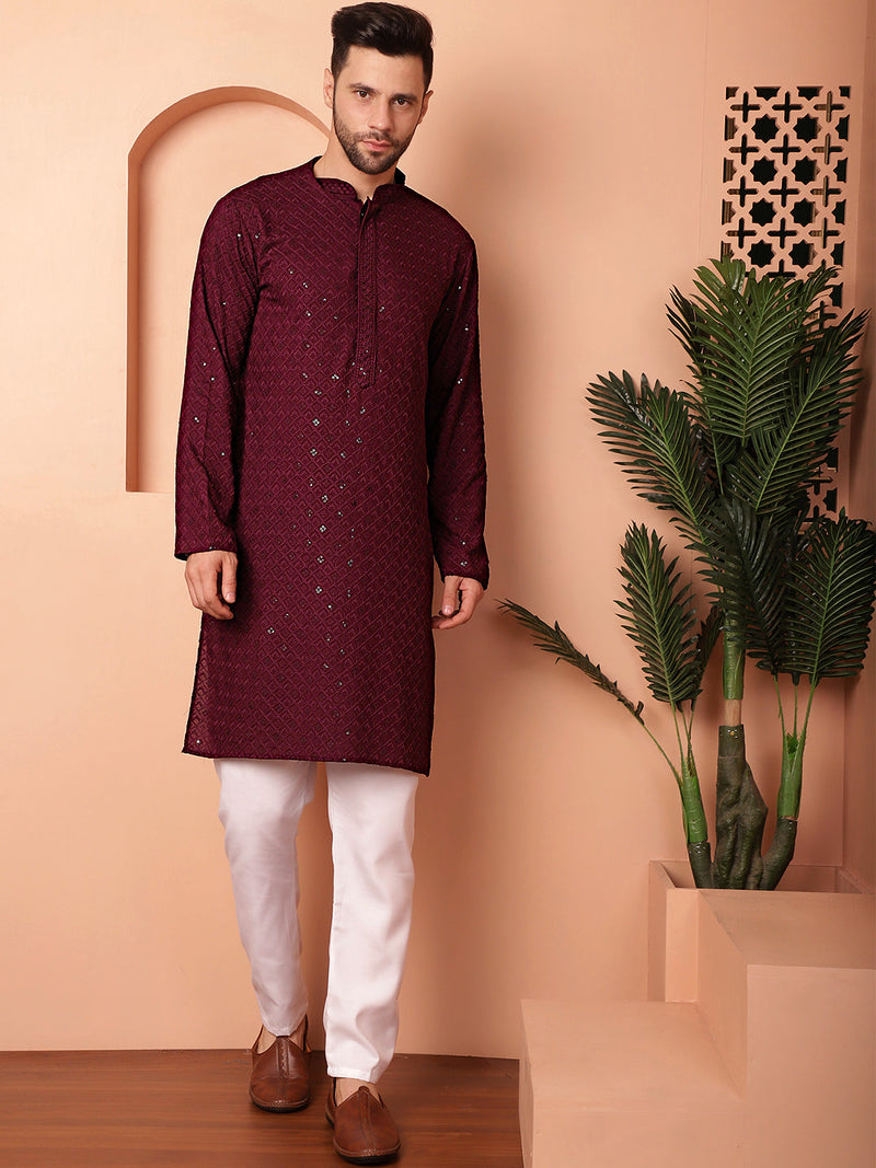 Men's Purple Embroidered and Sequence Kurta with Pyjama