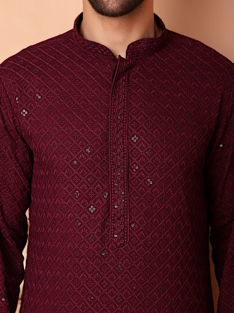 Men's Purple Embroidered and Sequence Kurta with Pyjama