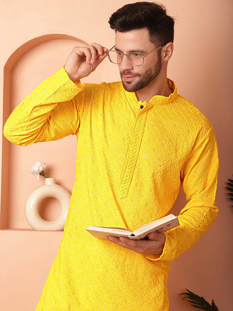 Men's Yellow Embroidered and Sequence Kurta with Pyjama