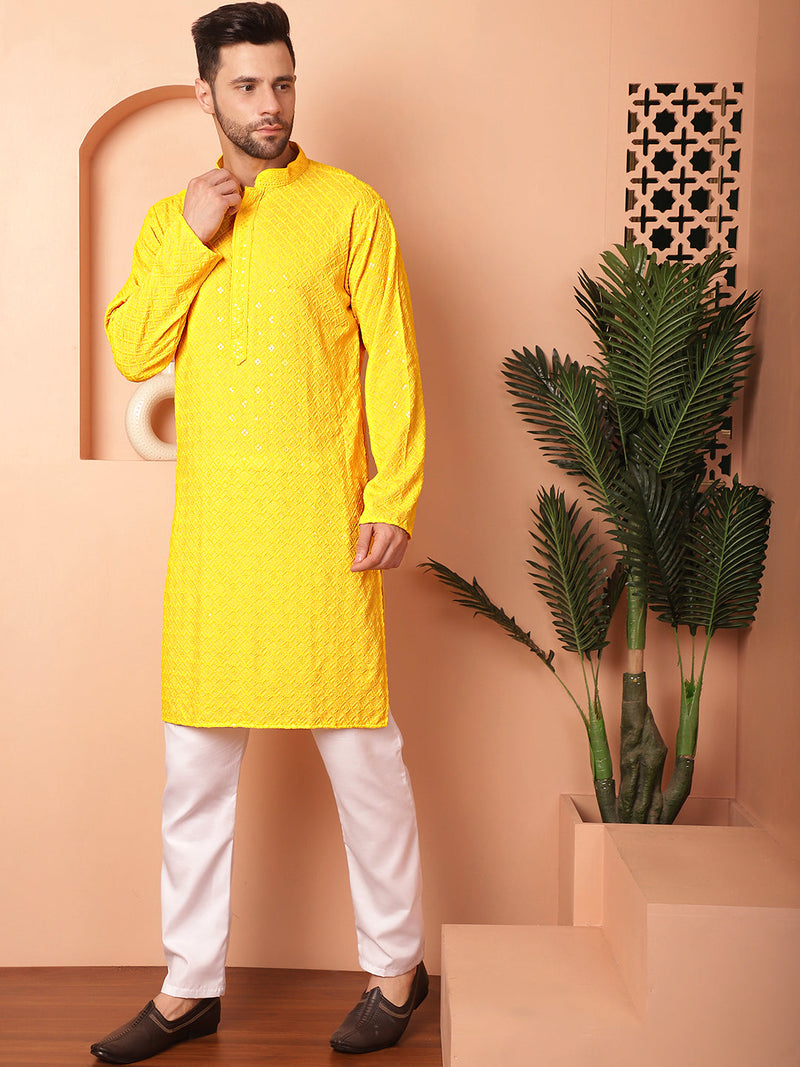 Men's Yellow Embroidered and Sequence Kurta with Pyjama