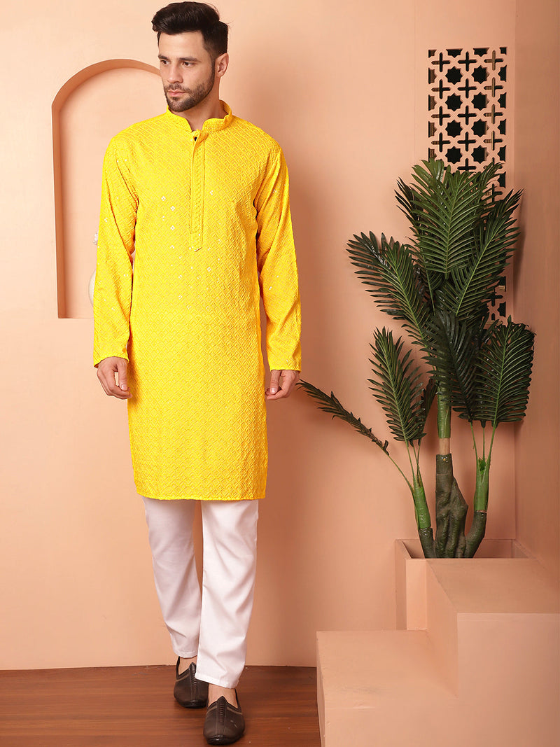 Men's Yellow Embroidered and Sequence Kurta with Pyjama