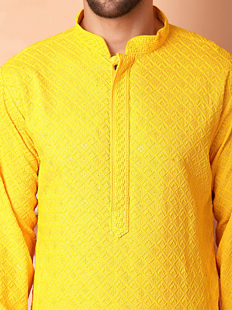 Men's Yellow Embroidered and Sequence Kurta with Pyjama