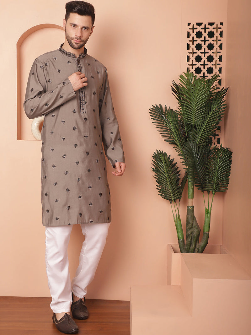 Men's Collar Chikankari Embroidered Kurta With Pyjama