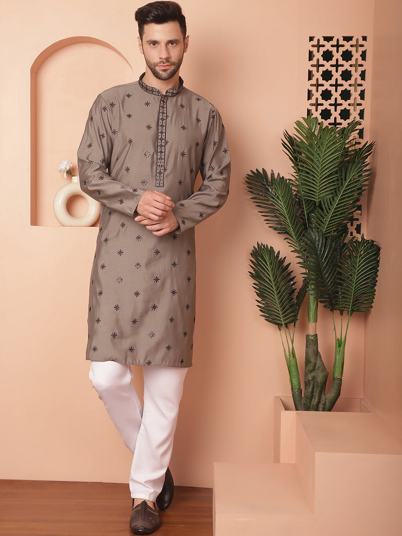 Men's Collar Chikankari Embroidered Kurta With Pyjama