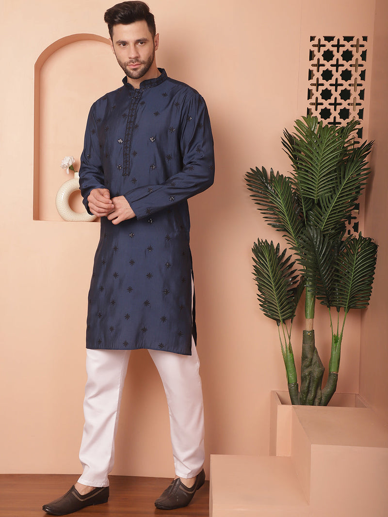 Men's Collar Chikankari Embroidered Kurta With Pyjama