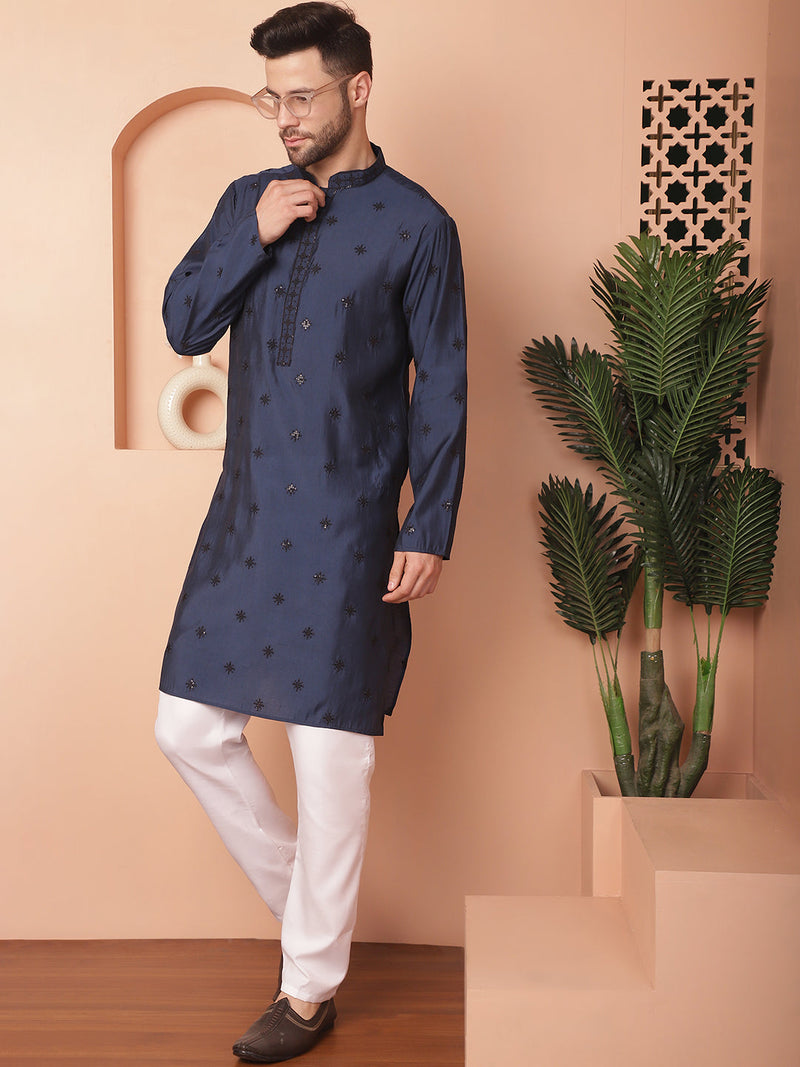 Men's Collar Chikankari Embroidered Kurta With Pyjama