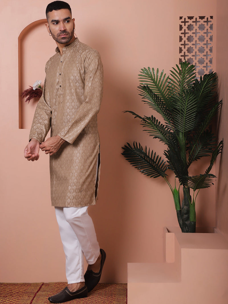 Men Brown Woven Design Cotton Kurta Pyjama Set