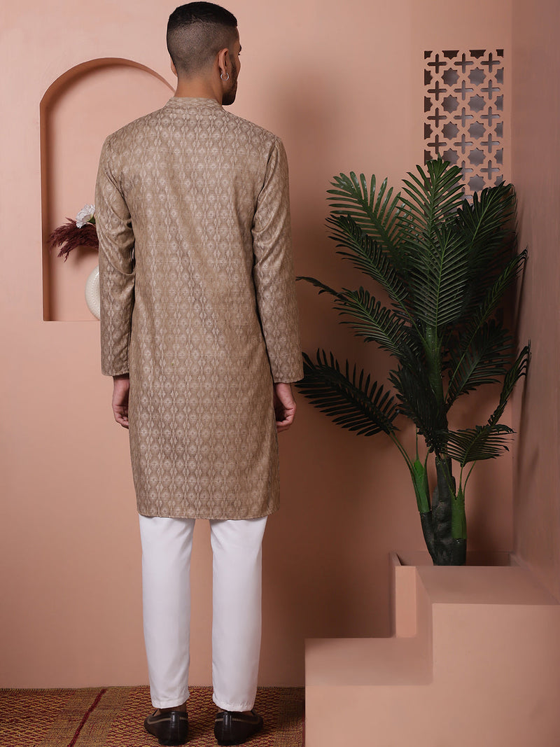 Men Brown Woven Design Cotton Kurta Pyjama Set