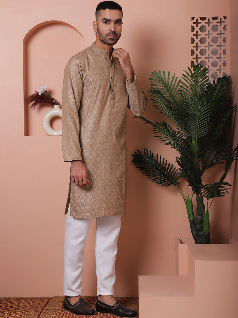 Men Brown Woven Design Cotton Kurta Pyjama Set