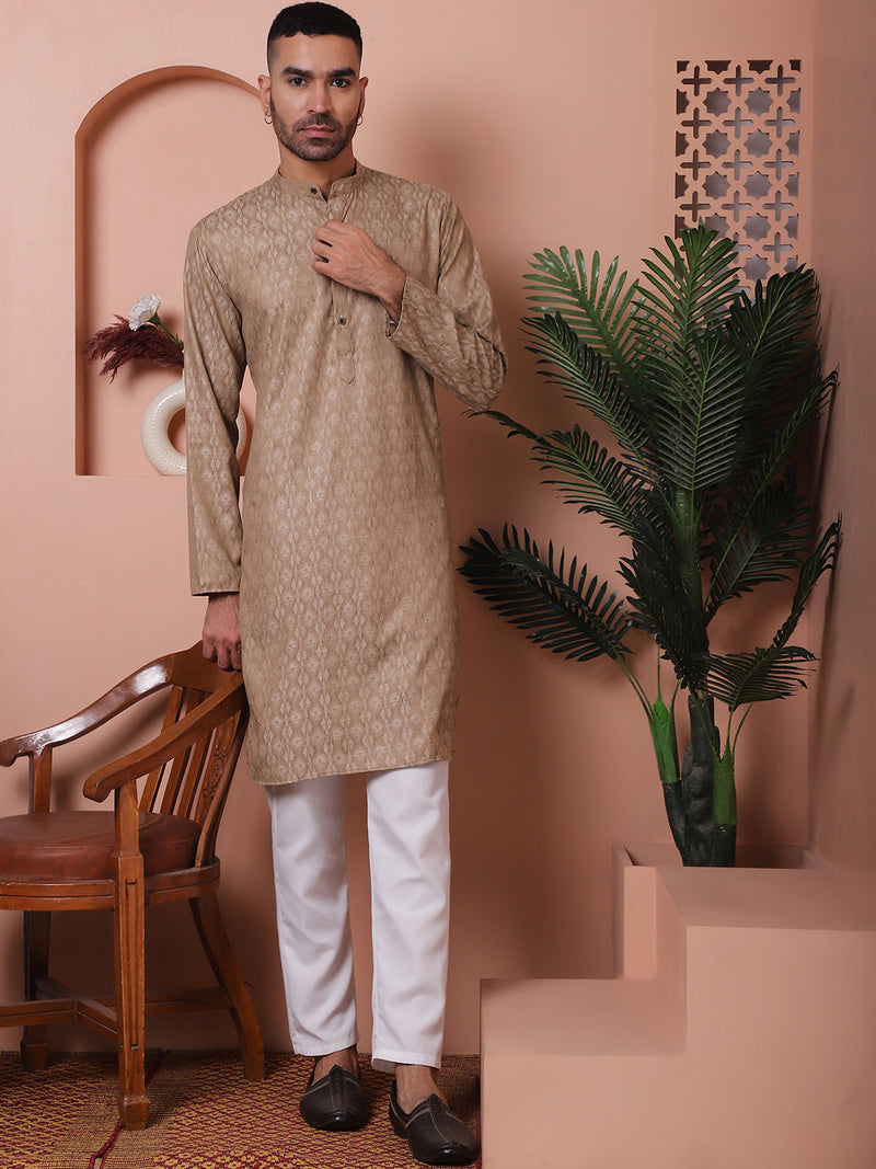 Men Brown Woven Design Cotton Kurta Pyjama Set