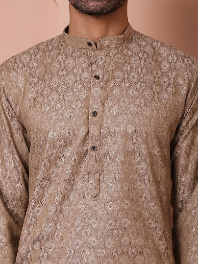 Men Brown Woven Design Cotton Kurta Pyjama Set