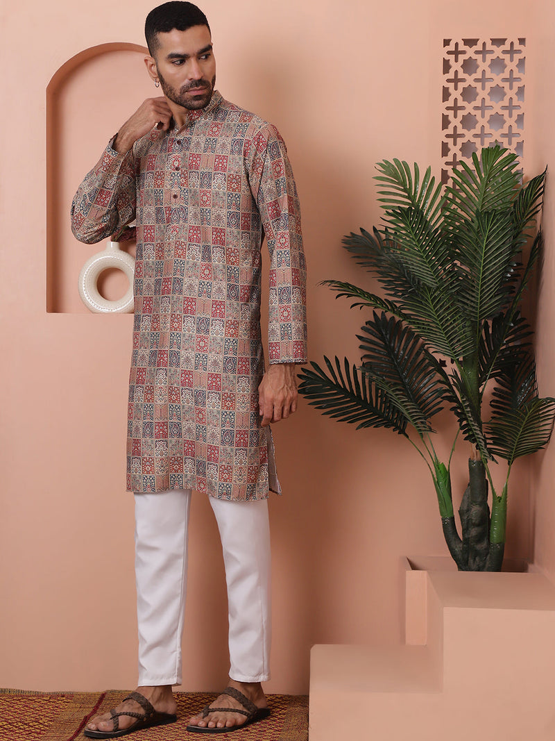 Men Printed Cotton Kurta Pyjama Set