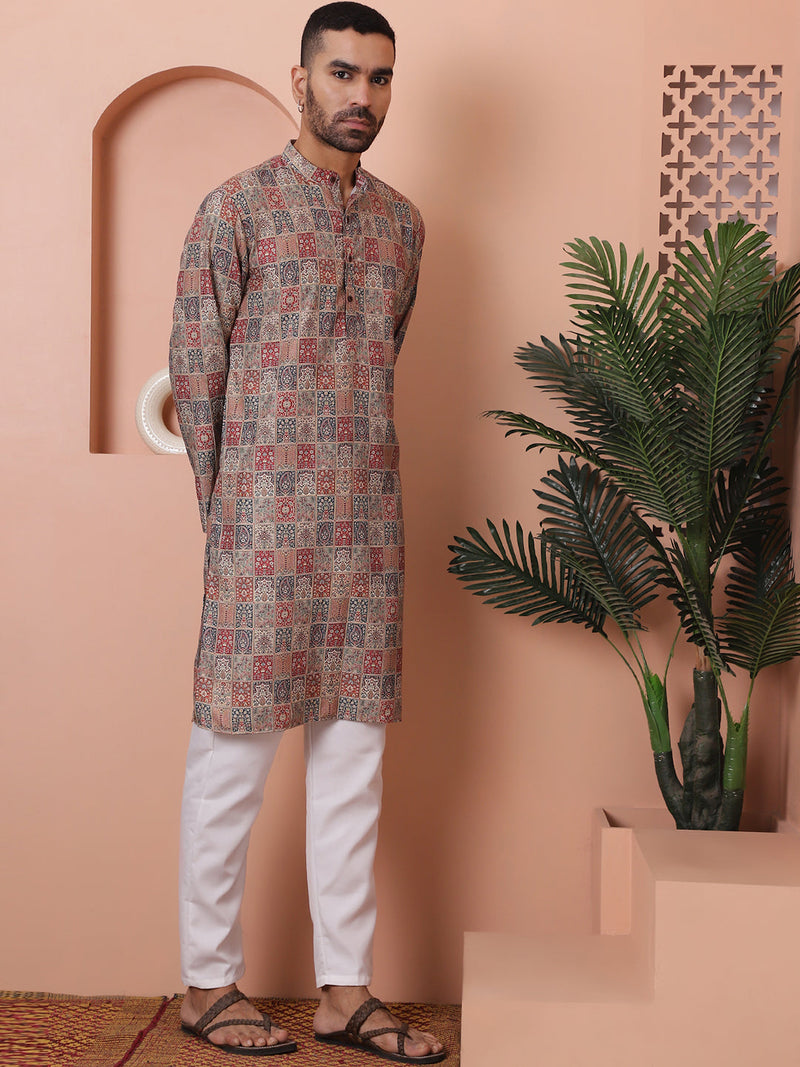 Men Printed Cotton Kurta Pyjama Set