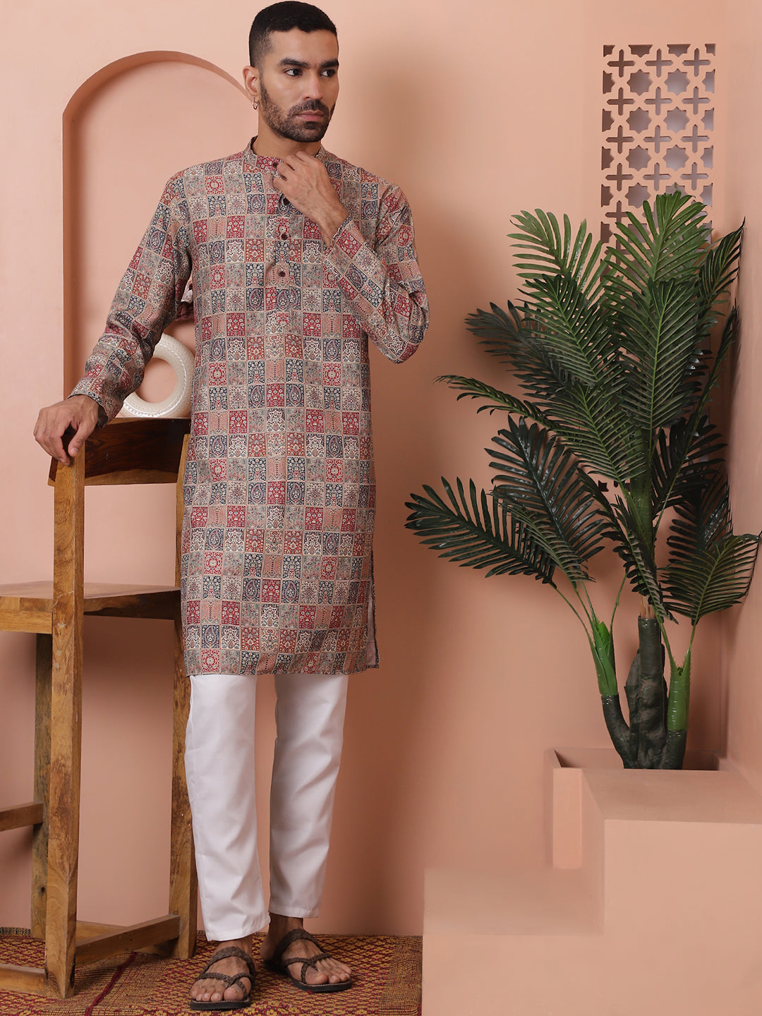 Men Printed Cotton Kurta Pyjama Set
