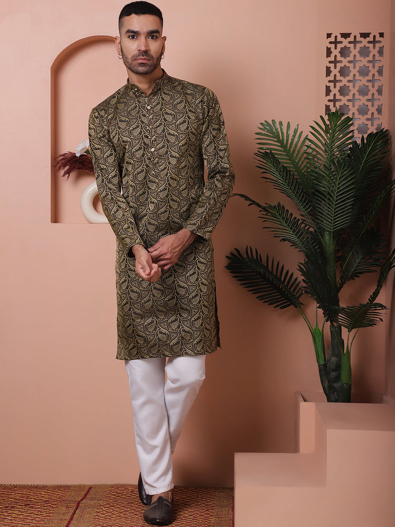 Men Black Silk Blend Straight Kurta Pyjama Set