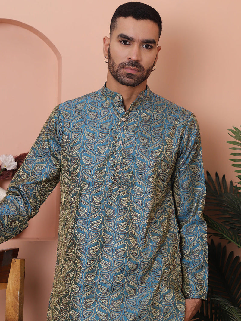 Men Blue Silk Blend Straight Kurta Pyjama Set