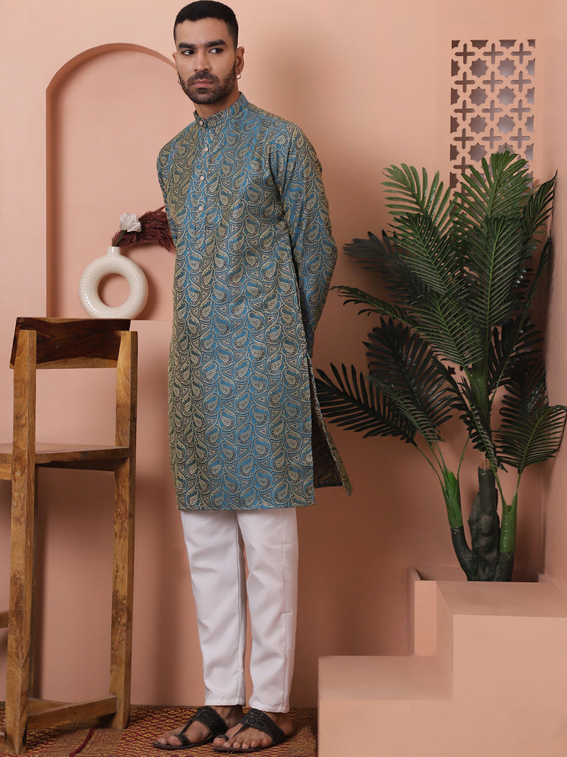 Men Blue Silk Blend Straight Kurta Pyjama Set