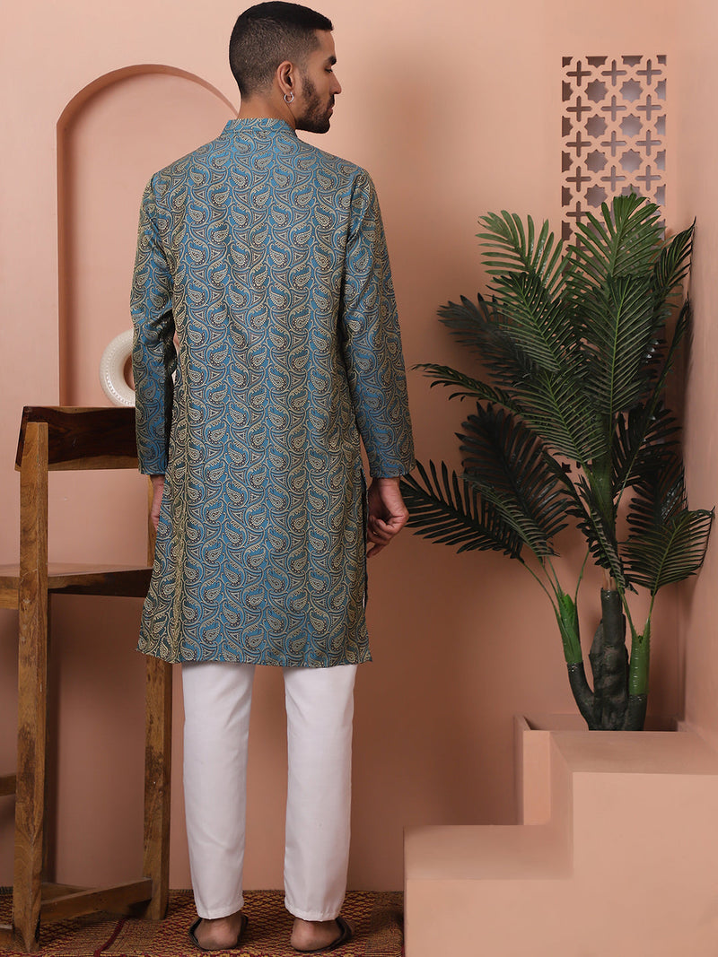 Men Blue Silk Blend Straight Kurta Pyjama Set