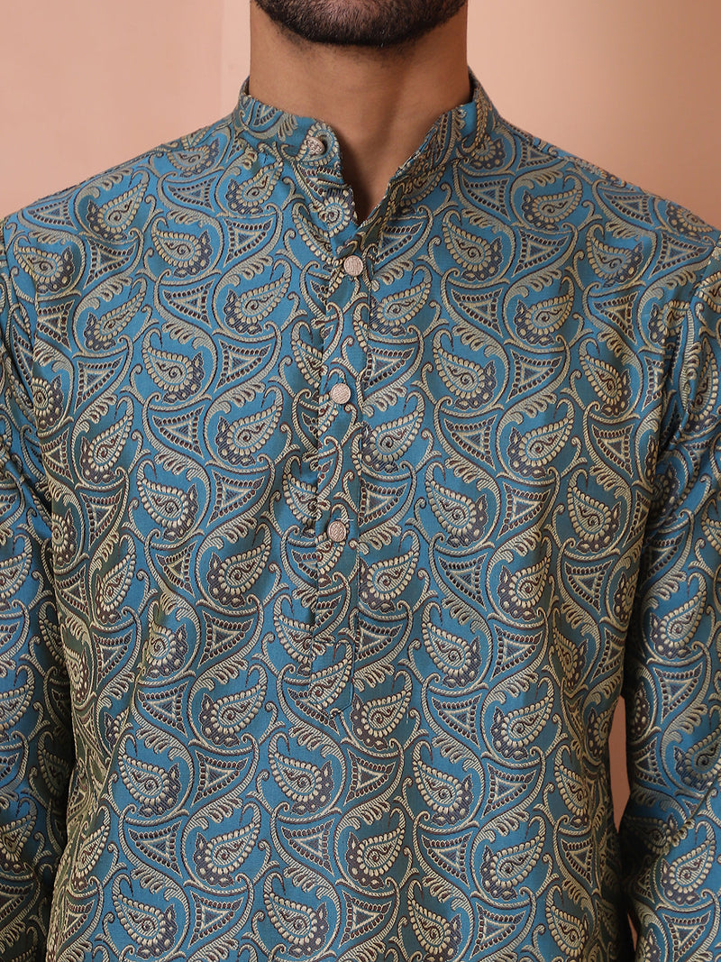 Men Blue Silk Blend Straight Kurta Pyjama Set