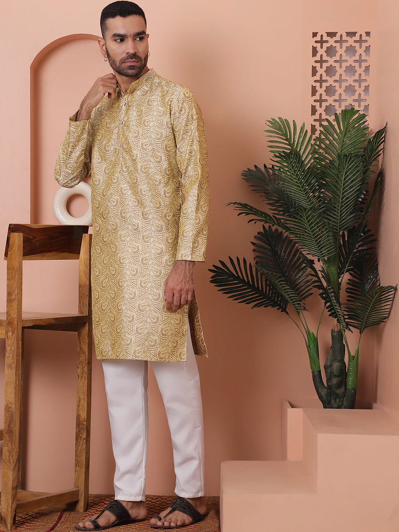 Men Golden Silk Blend Straight Kurta Pyjama Set