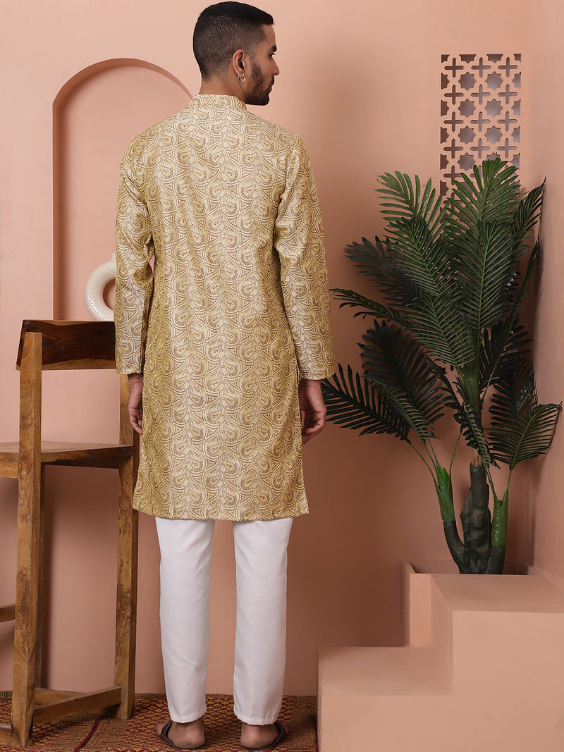 Men Golden Silk Blend Straight Kurta Pyjama Set