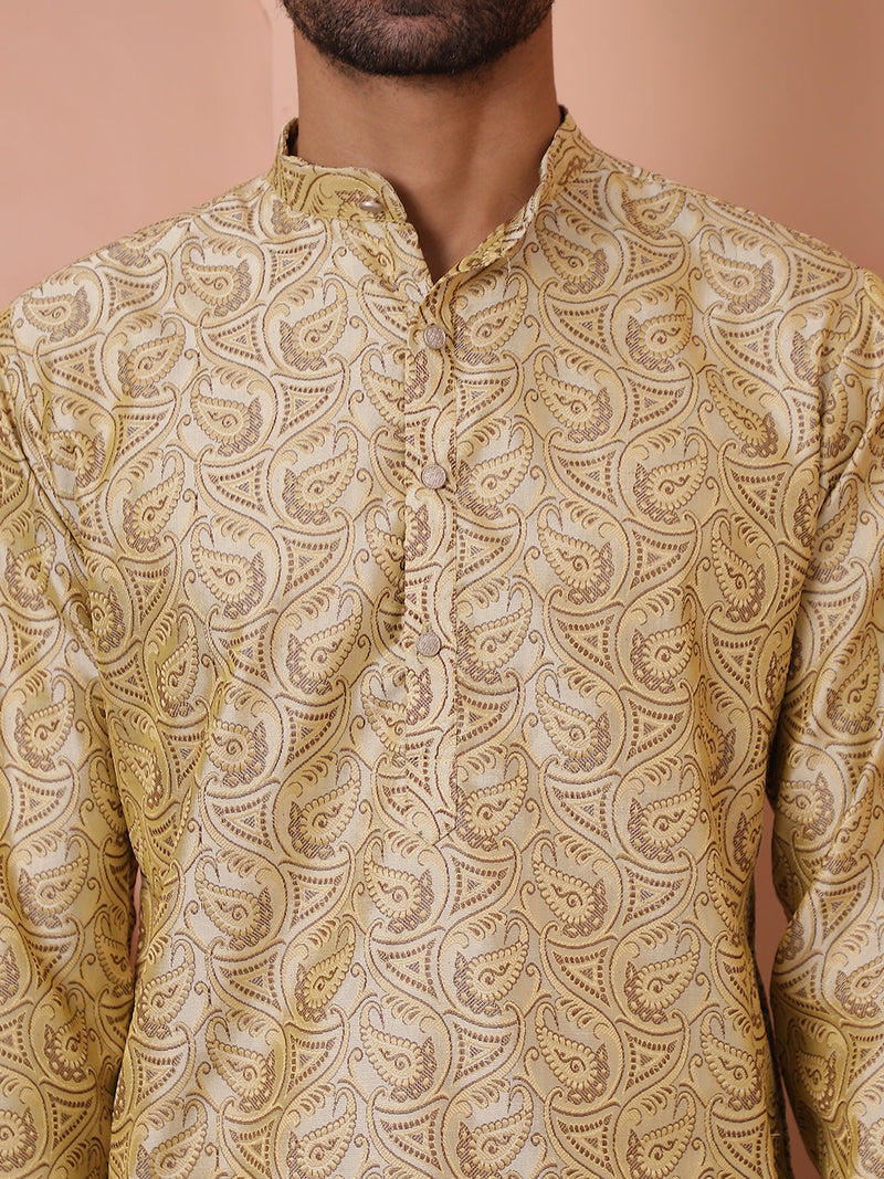 Men Golden Silk Blend Straight Kurta Pyjama Set