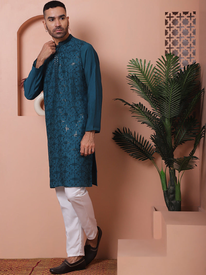 Men's Embroidered and Sequins Kurta with Pyjama